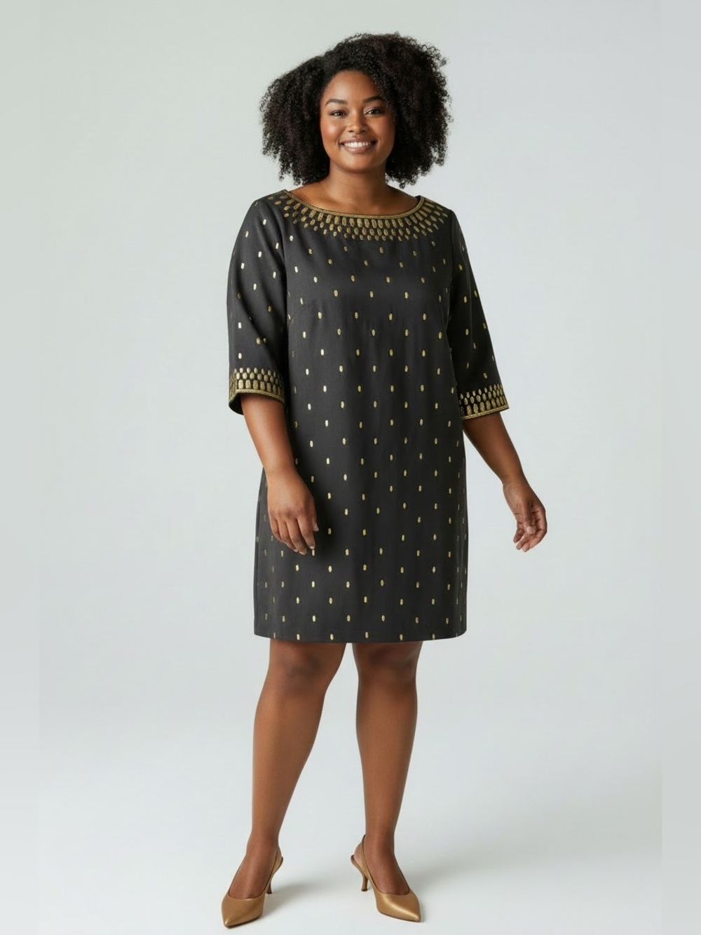 Gretchen Scott Black Gold Geometric Embroidered Neckline Dress - Size 14